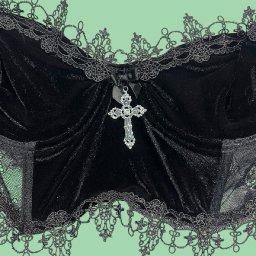 Widow Velvet Bra Top Gothic Lace with Cross Detail Dolls Kill - Picture 3 of 6